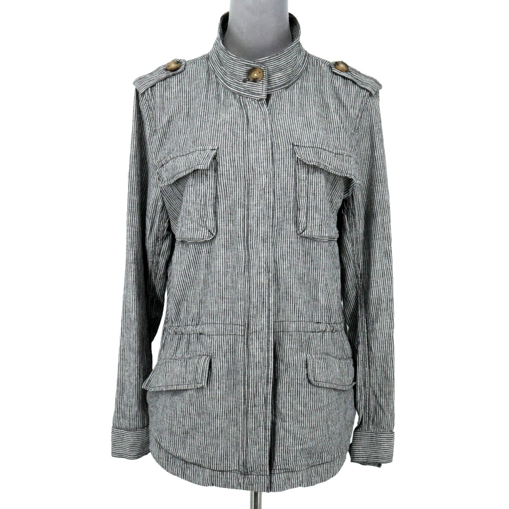 Loft Jacket Womens Large Gray White Railroad Stripe Linen Cotton Utility Cargo